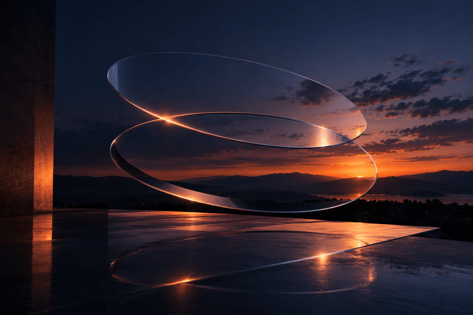 Two glass rings suspended over a terrace at sunset