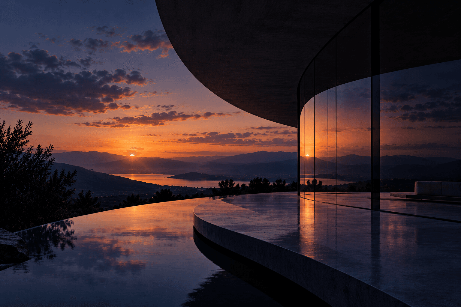 A curved glass pavilion reflecting the setting sun